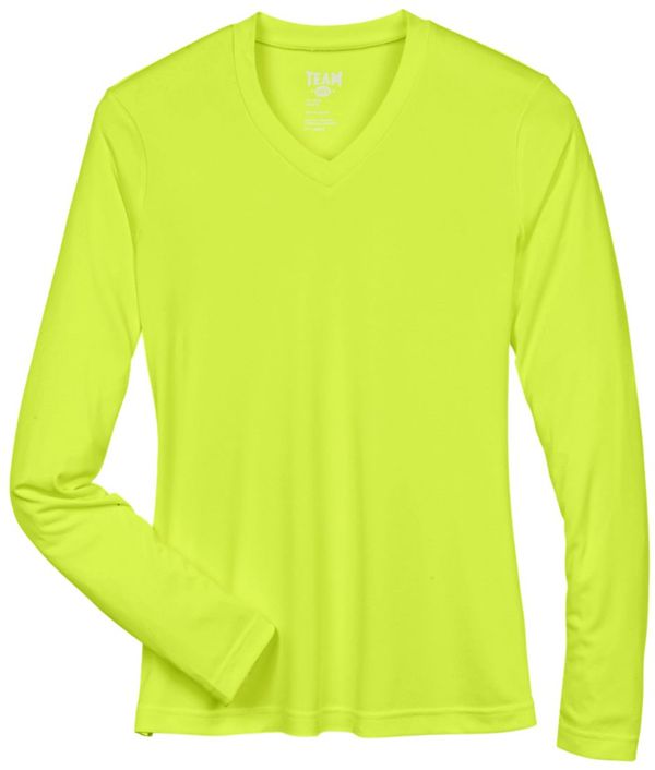 Am image of a Custom Team 365 Womens Zone Performance Long Sleeve Shirt in Safety Yellow!