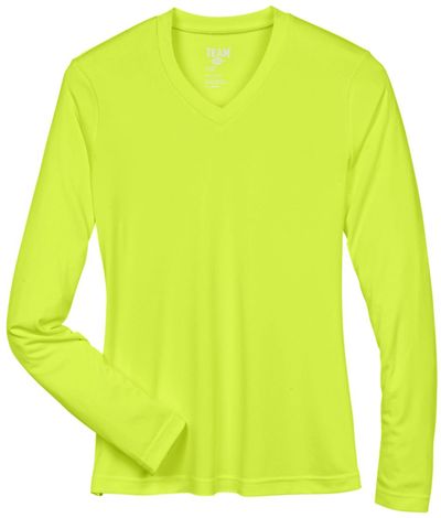 Am image of a Custom Team 365 Womens Zone Performance Long Sleeve Shirt in Safety Yellow!