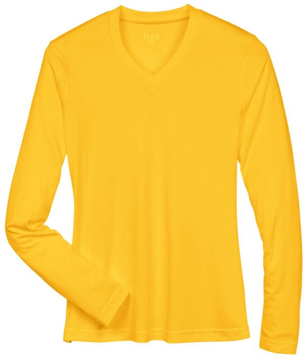 Am image of a Custom Team 365 Womens Zone Performance Long Sleeve Shirt in Sport Athletic Gold!