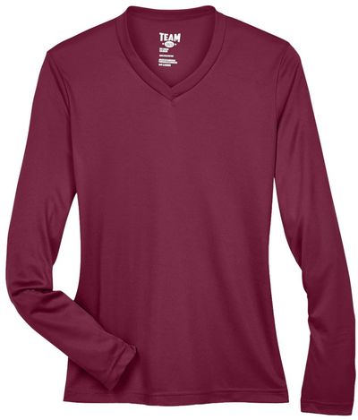 Am image of a Custom Team 365 Womens Zone Performance Long Sleeve Shirt in Sport Maroon!