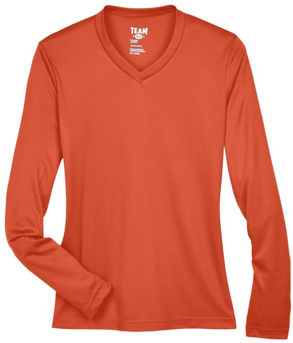 Am image of a Custom Team 365 Womens Zone Performance Long Sleeve Shirt in Sport Orange!