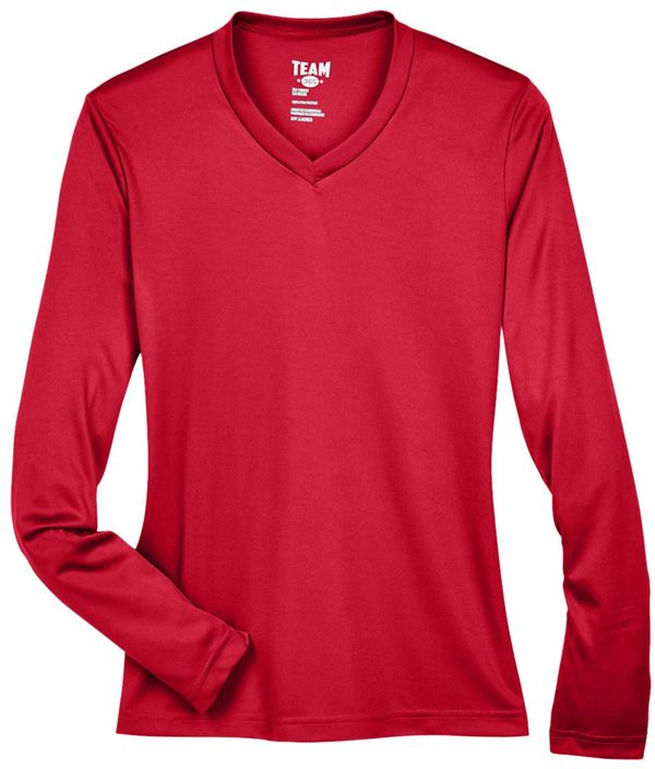 Am image of a Custom Team 365 Womens Zone Performance Long Sleeve Shirt in Sport Red!