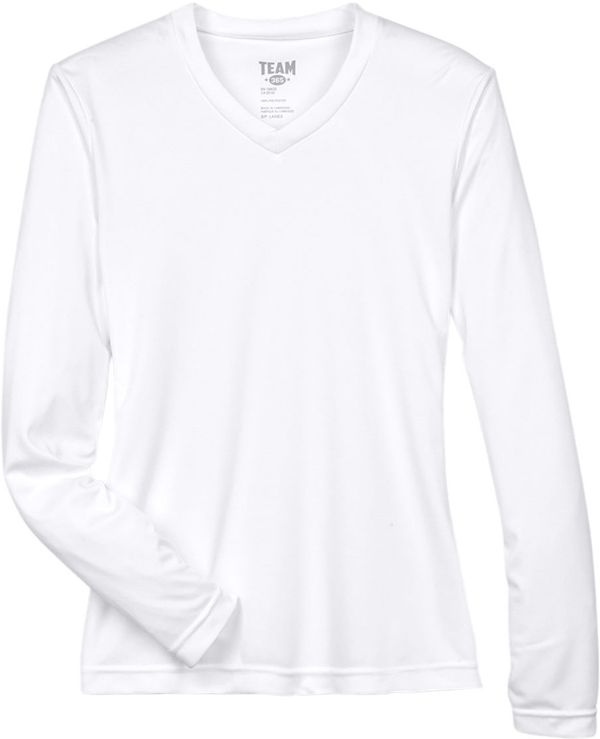 Am image of a Custom Team 365 Womens Zone Performance Long Sleeve Shirt in White!