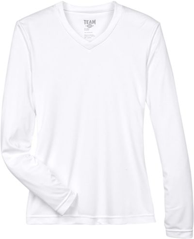 Am image of a Custom Team 365 Womens Zone Performance Long Sleeve Shirt in White!