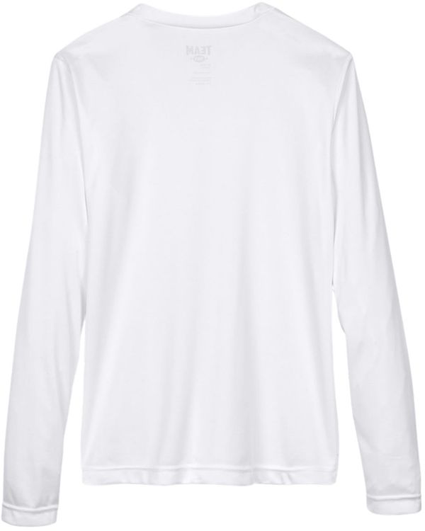 Am image of a Custom Team 365 Womens Zone Performance Long Sleeve Shirt in White!