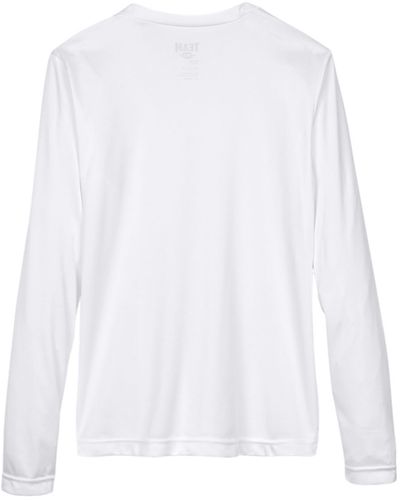 Am image of a Custom Team 365 Womens Zone Performance Long Sleeve Shirt in White!