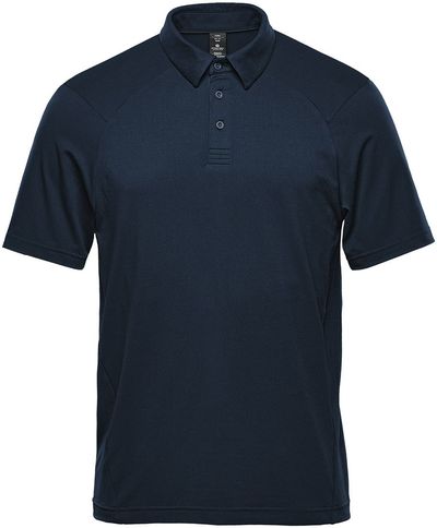 Am image of a Custom Stormtech Men's Camino Performance Short Sleeve Polo in Navy!