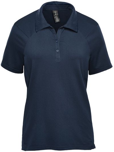 Am image of a Custom Stormtech Women's Camino Performance Short Sleeve Polo in Navy!