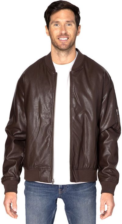 Am image of a Custom Threadfast Unisex Bomber Jacket in Brown Vegan Leather!