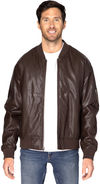 Am image of a Custom Threadfast Unisex Bomber Jacket in Brown Vegan Leather!