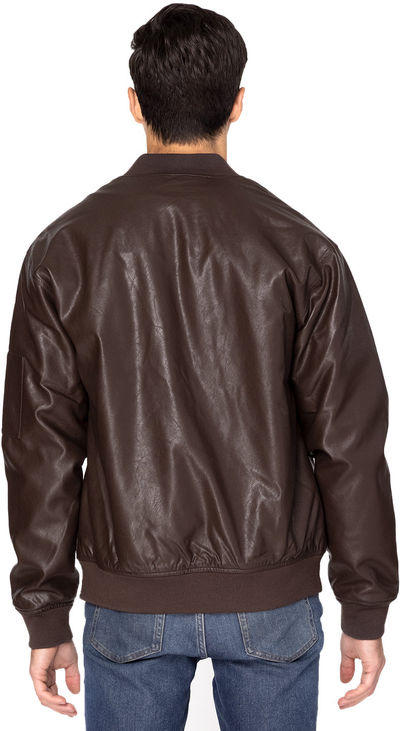 Am image of a Custom Threadfast Unisex Bomber Jacket in Brown Vegan Leather!