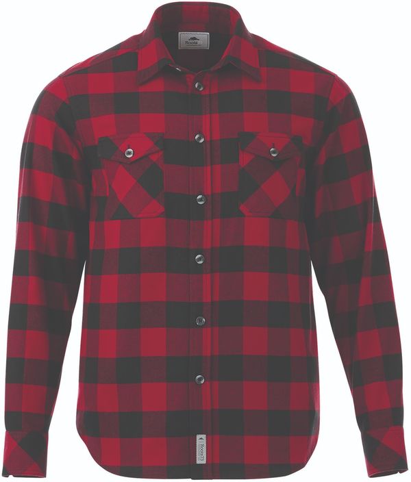 Am image of a Custom Roots73 Mens Spruce Lake Long Sleeve Shirt in Dark Red/Black!