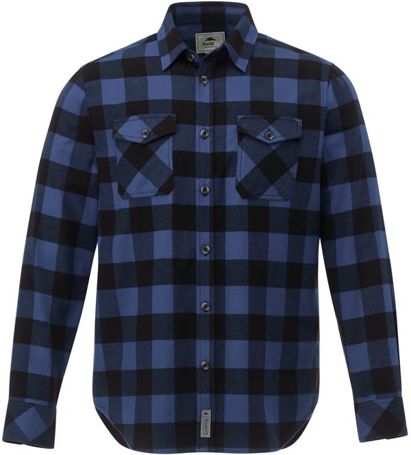 Am image of a Custom Roots73 Mens Spruce Lake Long Sleeve Shirt in Indigo Blue/Black!