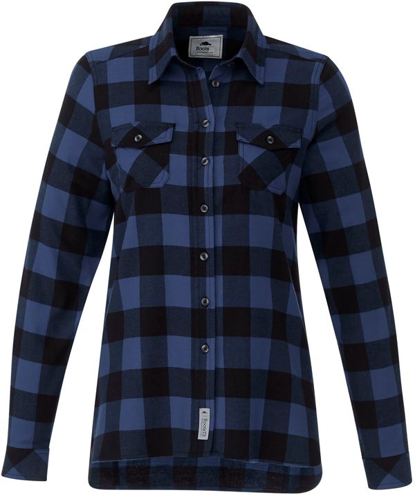 Am image of a Custom Roots73 Womens Spruce Lake Long Sleeve Shirt in Indigo Blue!