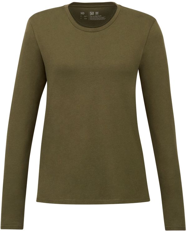 Am image of a Custom Tentree Womens Organic Cotton Long Sleeve Tee in Olive Night Green!