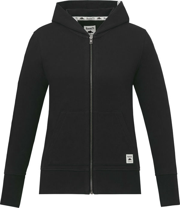 Am image of a Custom Roots73 Ladies Canmore Eco Full Zip Hoody in Black!