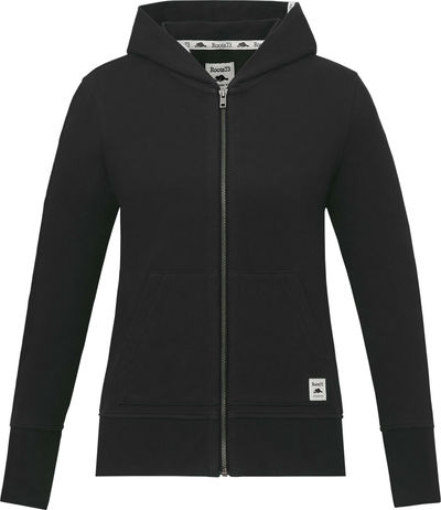 Am image of a Custom Roots73 Ladies Canmore Eco Full Zip Hoody in Black!