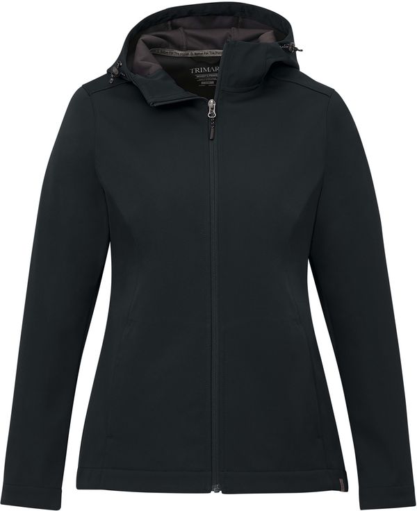 Am image of a Custom Trimark Womens Lefroy Eco Softshell Jacket in Navy!