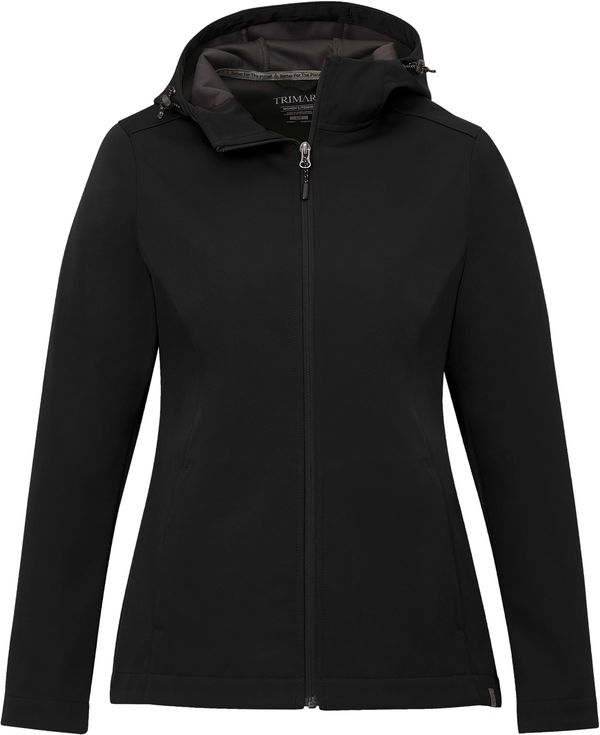 Am image of a Custom Trimark Womens Lefroy Eco Softshell Jacket in Black!
