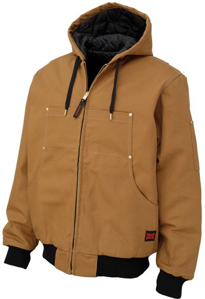 Am image of a Custom Tough Duck Cotton Duck Hooded Bomber in Brown!