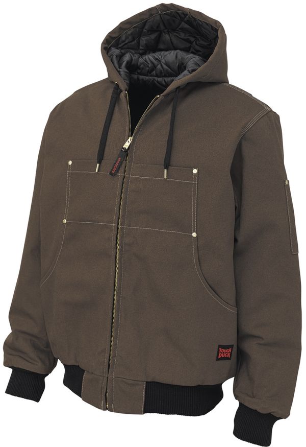 Am image of a Custom Tough Duck Cotton Duck Hooded Bomber in Dark Brown!
