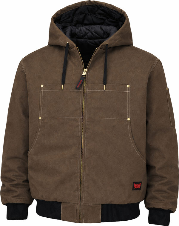 An image of a Custom Tough Duck Cotton Duck Hooded Bomber in Dark Brown!