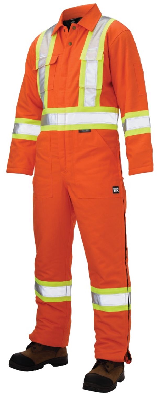 Am image of a Custom Tough Duck Cotton Duck Insulated Safety Coverall in Bright Orange!