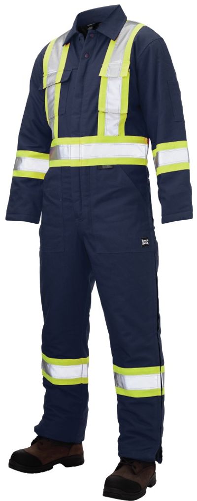 Am image of a Custom Tough Duck Cotton Duck Insulated Safety Coverall in Navy!