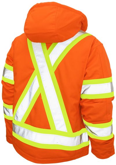 Am image of a Custom Tough Duck Cotton Duck Safety Jacket in Bright Orange!