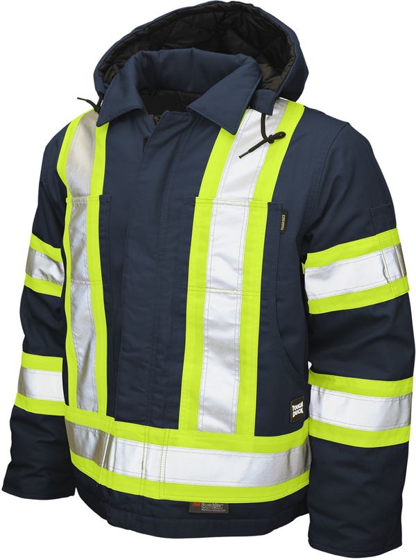 Am image of a Custom Tough Duck Cotton Duck Safety Jacket in Navy!