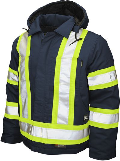 Am image of a Custom Tough Duck Cotton Duck Safety Jacket in Navy!