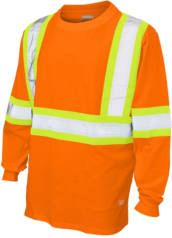 Am image of a Custom Tough Duck Cotton Long Sleeve Safety TShirt in Bright Orange!