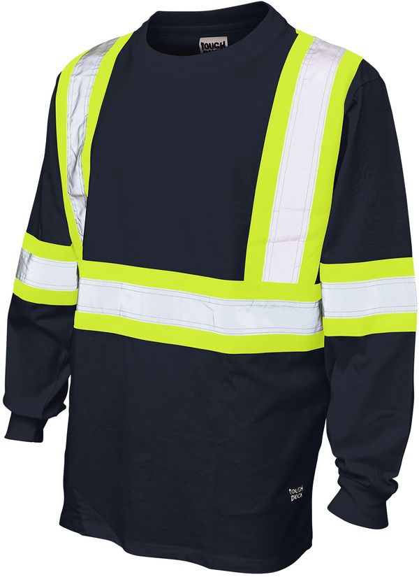 Am image of a Custom Tough Duck Cotton Long Sleeve Safety TShirt in Navy!
