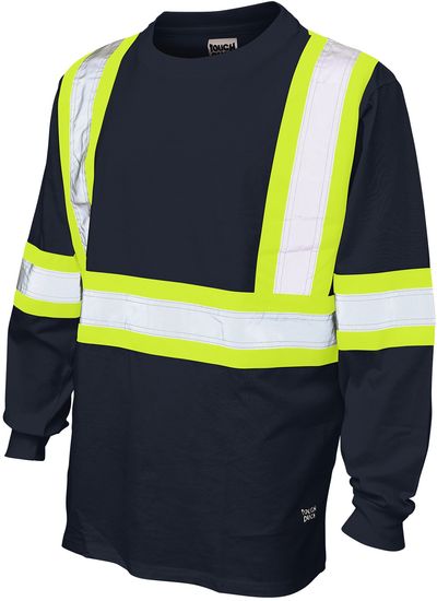 Am image of a Custom Tough Duck Cotton Long Sleeve Safety TShirt in Navy!