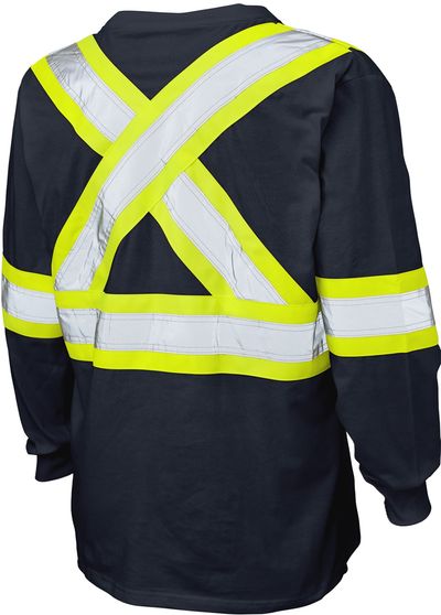 Am image of a Custom Tough Duck Cotton Long Sleeve Safety TShirt in Navy!