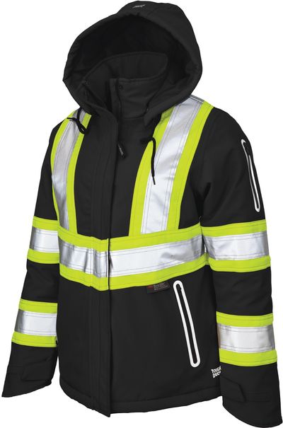 Am image of a Custom Tough Duck Flex Insulated Safety Womens Jacket in Black!