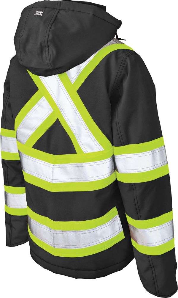 Am image of a Custom Tough Duck Flex Insulated Safety Womens Jacket in Black!