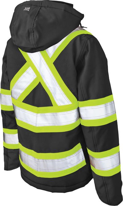 Am image of a Custom Tough Duck Flex Insulated Safety Womens Jacket in Black!