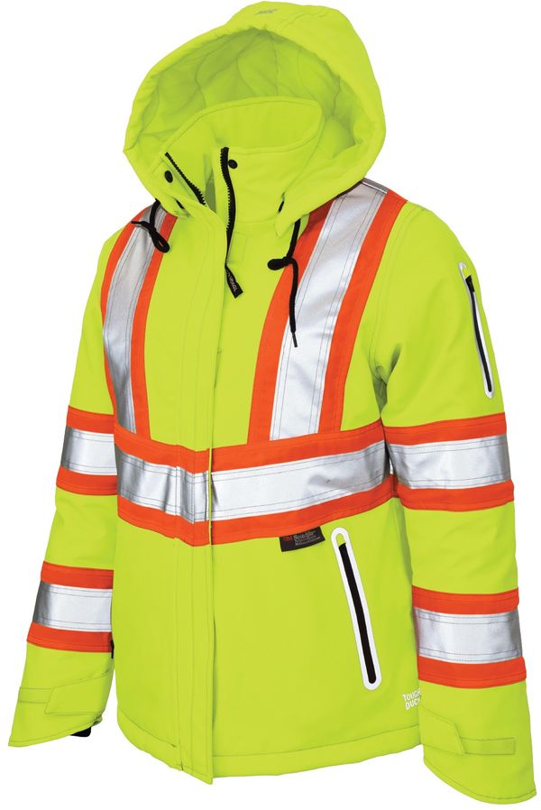 Am image of a Custom Tough Duck Flex Insulated Safety Womens Jacket in Fluorescent Green!