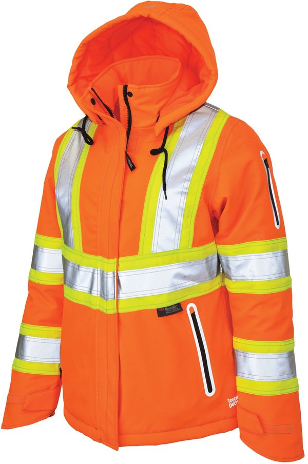 Am image of a Custom Tough Duck Flex Insulated Safety Womens Jacket in Fluorescent Orange!