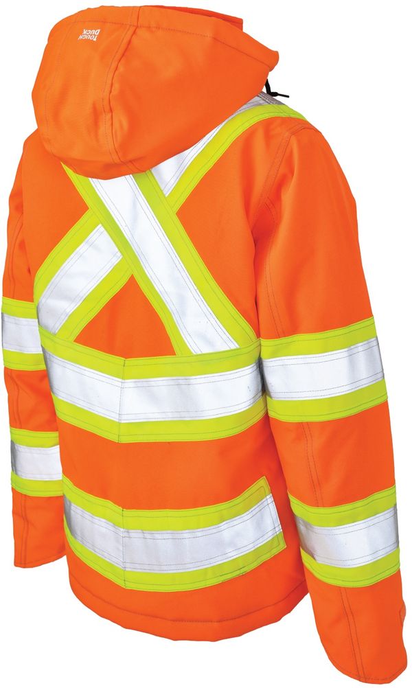 Am image of a Custom Tough Duck Flex Insulated Safety Womens Jacket in Fluorescent Orange!