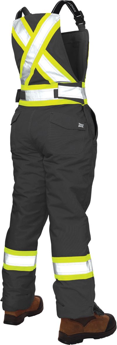 Am image of a Custom Tough Duck Flex Insulated Womens Safety Bib Overall in Black!