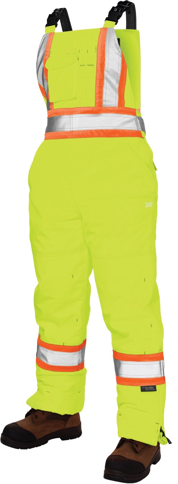 Am image of a Custom Tough Duck Flex Insulated Womens Safety Bib Overall in Fluorescent Green!