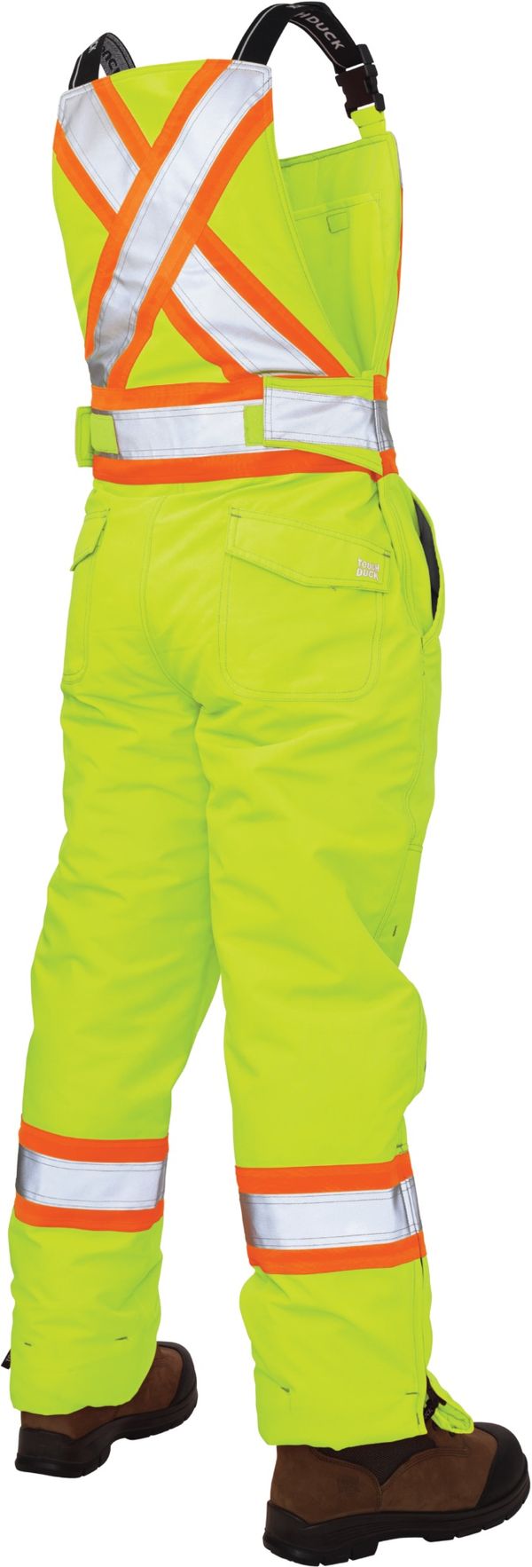 Am image of a Custom Tough Duck Flex Insulated Womens Safety Bib Overall in Fluorescent Green!
