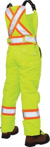 Am image of a Custom Tough Duck Flex Insulated Womens Safety Bib Overall in Fluorescent Green!