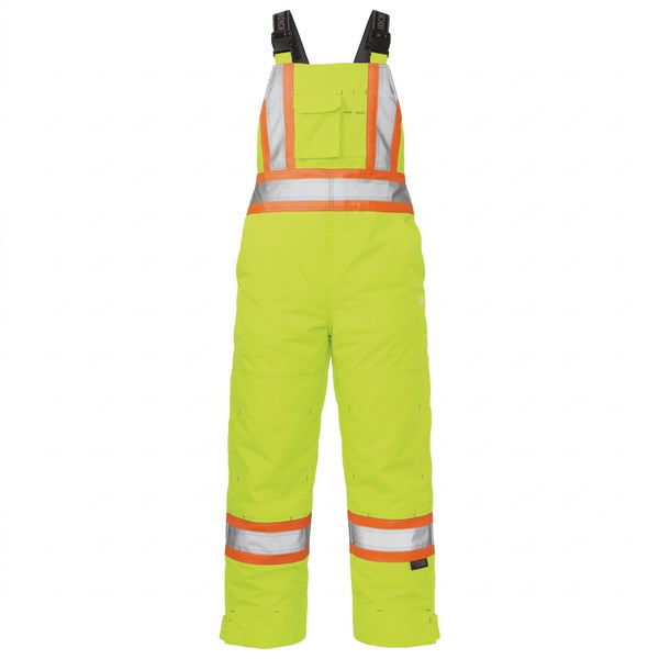 An image of a Custom Tough Duck Flex Insulated Womens Safety Bib Overall in Fluorescent Green!