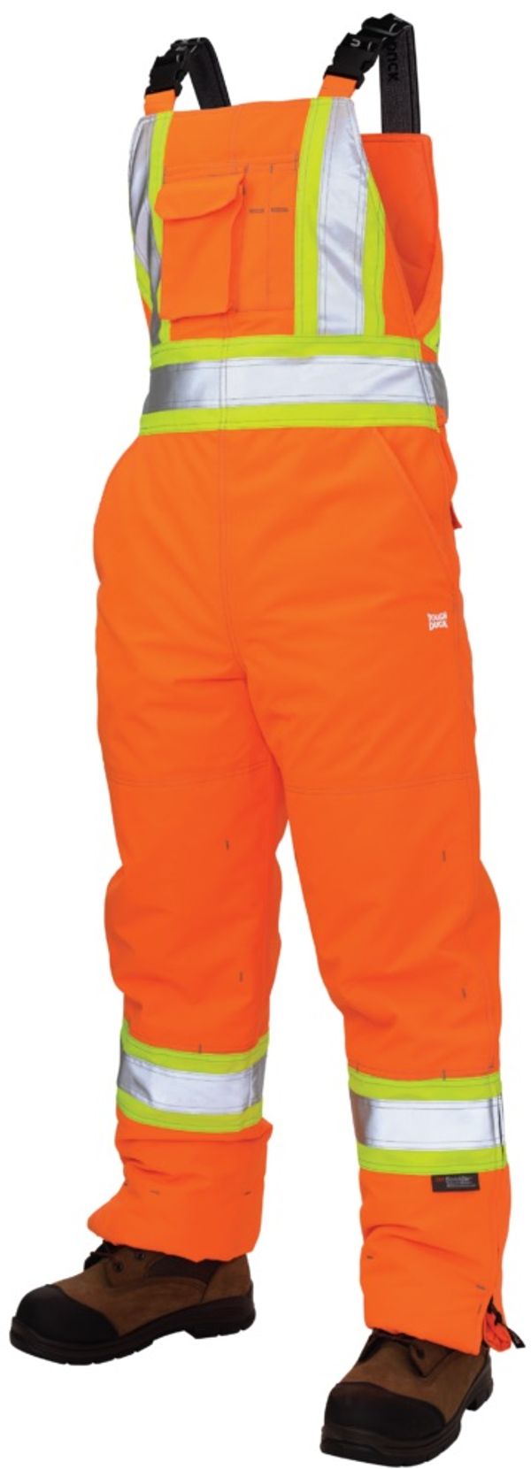 Am image of a Custom Tough Duck Flex Insulated Womens Safety Bib Overall in Fluorescent Orange!