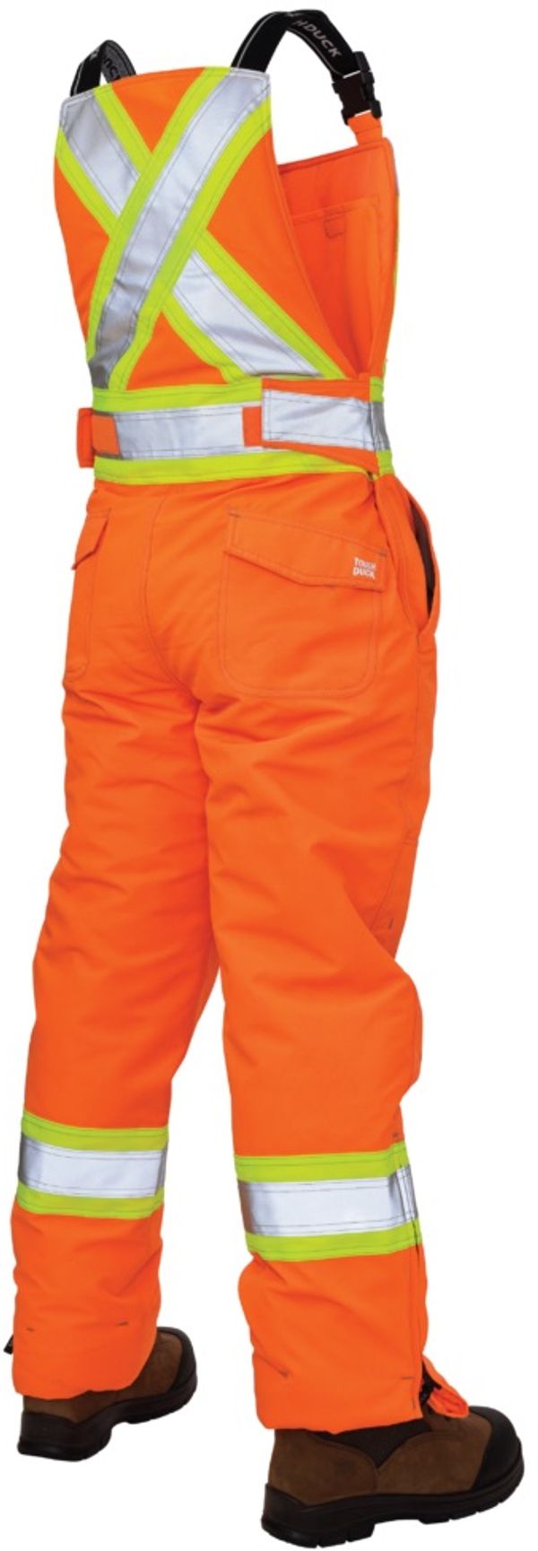 Am image of a Custom Tough Duck Flex Insulated Womens Safety Bib Overall in Fluorescent Orange!