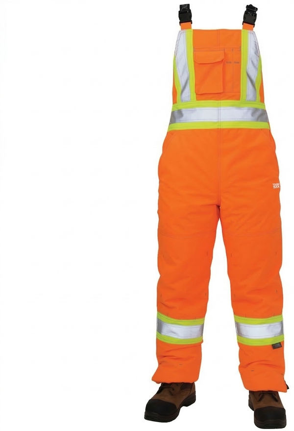 An image of a Custom Tough Duck Flex Insulated Womens Safety Bib Overall in Fluorescent Orange!