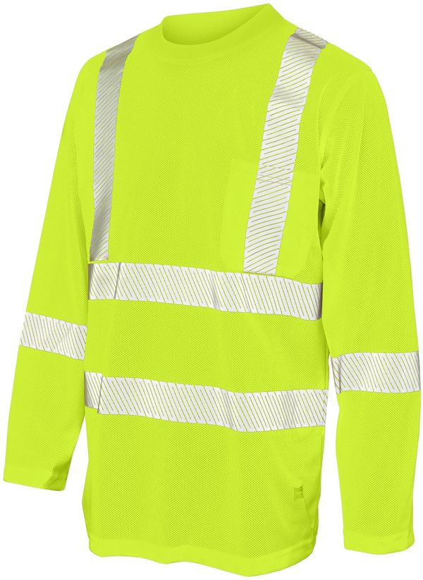 Am image of a Custom Tough Duck Mesh Long Sleeve Safety Tee with Segmented Stripes in Fluorescent Green!